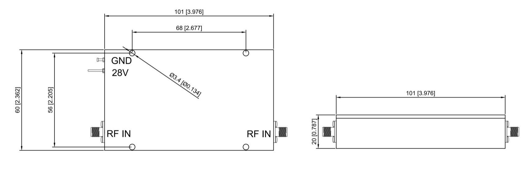 射频微波功率放大器0.5-6GHz外形尺寸图 射频微波功率放大器0.5-6GHz外形尺寸图